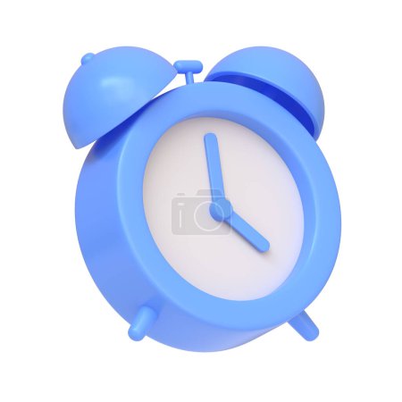 Classic blue alarm clock isolated on a white background, representing time management and punctuality. 3D icon, sign and symbol. Side view. 3D Render Illustration