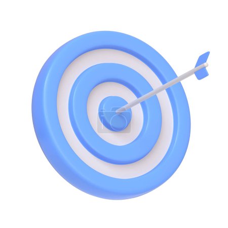 Blue and white target with an arrow hitting the bullseye, symbolizing precision, goal achievement, and success isolated on white background. Icon, sign and symbol. Side view. 3D Render