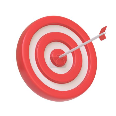 Téléchargez les photos : Cible rouge et blanche avec une flèche frappant le bullseye, symbolisant la précision, la réalisation des objectifs et le succès isolé sur fond blanc. Icône, signe et symbole. Vue latérale. Expéditeur 3D - en image libre de droit