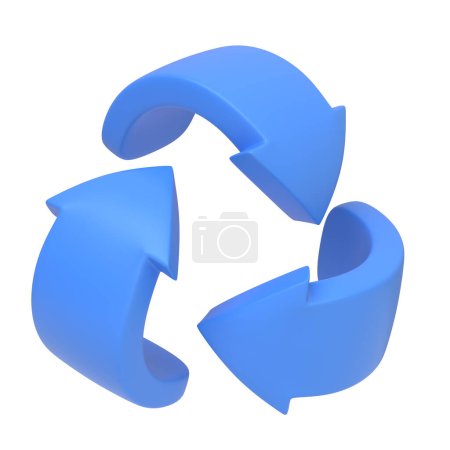 Universell anerkanntes Recycling-Symbol in leuchtendem Blau, das Nachhaltigkeit und Umweltschutz isoliert auf weißem Hintergrund darstellt. Symbol, Zeichen und Symbol. Seitenansicht. 3D Render