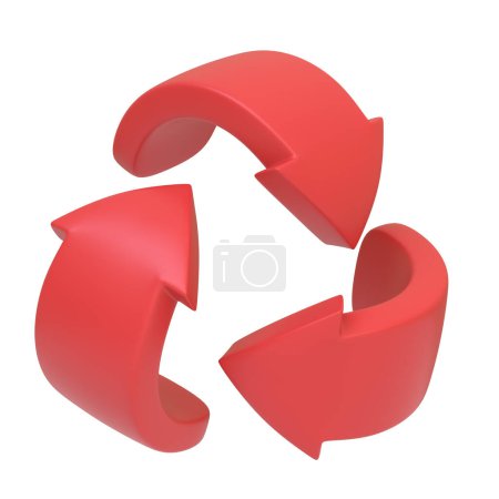 Universell anerkanntes Recycling-Symbol in leuchtendem Rot, das Nachhaltigkeit und Umweltschutz isoliert auf weißem Hintergrund repräsentiert. Symbol, Zeichen und Symbol. Seitenansicht. 3D Render