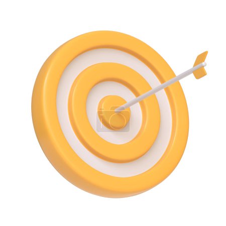 Yellow and white target with an arrow hitting the bullseye, symbolizing precision, goal achievement, and success isolated on white background. Icon, sign and symbol. Side view. 3D Render