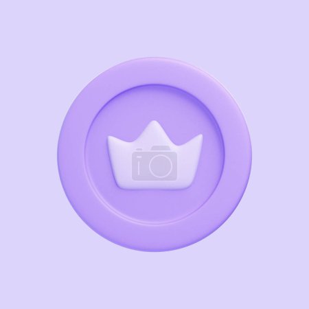 Téléchargez les photos : Pièce avec couronne isolée sur fond violet. Icône, signe et symbole 3D. Dessin animé style minimal. Vue de face. Illustration 3D Render - en image libre de droit