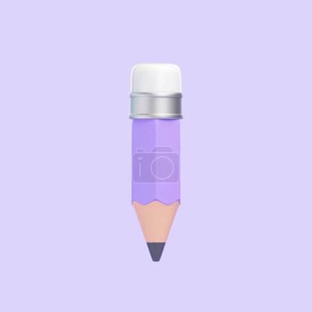 Téléchargez les photos : Crayon violet stylisé avec une gomme blanche sur un fond lilas assorti. Icône, signe et symbole. Vue de face. Illustration 3D Render - en image libre de droit