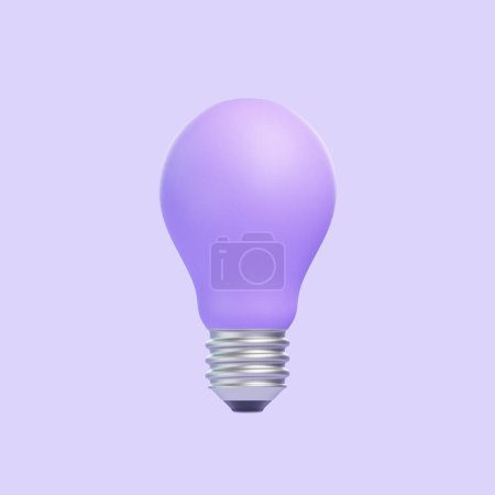 Téléchargez les photos : Une ampoule violette vive centrée sur une toile de fond douce lavande, symbolisant la créativité et l'inspiration. Icône, signe et symbole. Vue de face. Illustration 3D Render - en image libre de droit