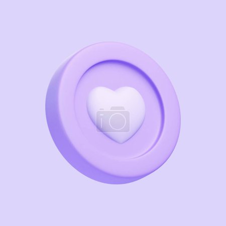 Téléchargez les photos : Pièce avec coeur isolé sur fond violet. Icône, signe et symbole 3D. Dessin animé style minimal. Vue latérale. Illustration 3D Render - en image libre de droit