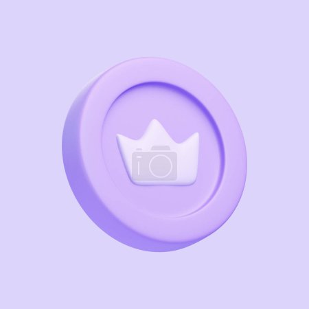 Téléchargez les photos : Pièce avec couronne isolée sur fond violet. Icône, signe et symbole 3D. Dessin animé style minimal. Vue latérale. Illustration 3D Render - en image libre de droit