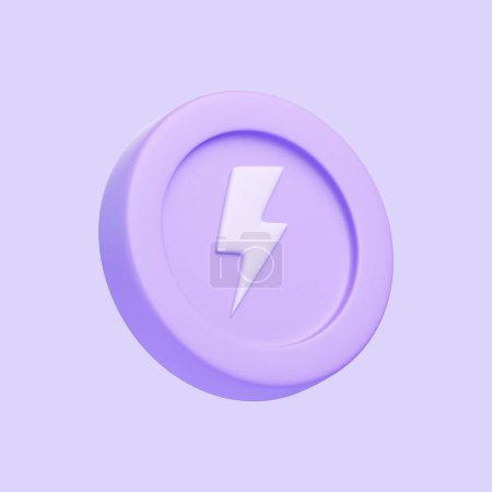 Photo for Coin with lightning bolt  isolated on purple background. 3D icon, sign and symbol. Cartoon minimal style. Side view. 3D Render Illustration - Royalty Free Image