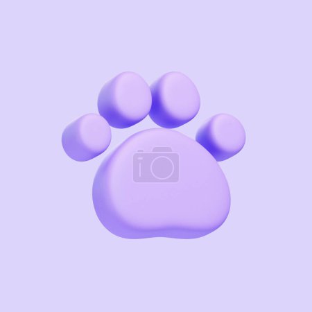Simplified purple paw print with a soft gradient on a clean background. Icon, sign and symbol. Side view. 3D Render illustration