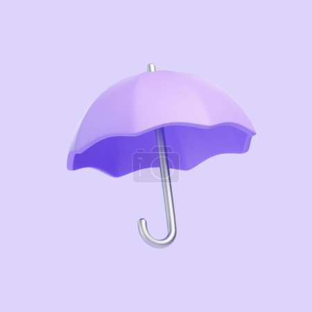A single lavender-colored umbrella with a sleek metallic handle against a pastel purple backdrop. Icon, sign and symbol. Side view. 3D Render illustration