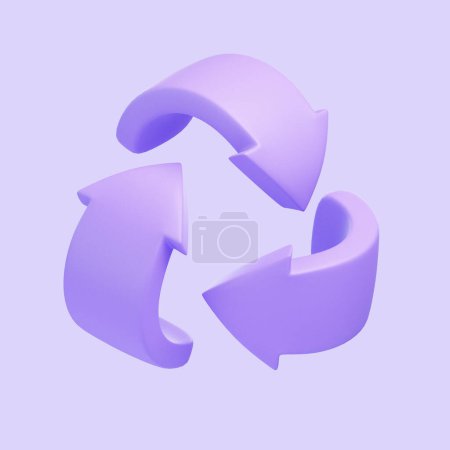 Universal recycling symbol in a purple tone, floating on a soft lavender background. Icon, sign and symbol. Side view. 3D Render illustration