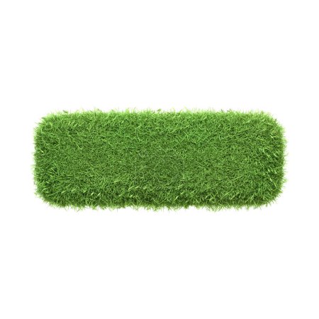 Ein Minus- oder Bindestrich-Zeichen aus sattgrünem Gras isoliert auf weißem Hintergrund, das Reduktion, Einfachheit und negativen Raum in nachhaltigen Praktiken repräsentiert. 3D-Darstellung