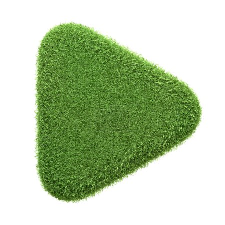 Foto de Un icono de botón de reproducción con una textura de césped verde exuberante aislado sobre un fondo blanco, que transmite la idea de medios ecológicos y la armonía entre la tecnología y el medio ambiente. Renderizado 3D - Imagen libre de derechos
