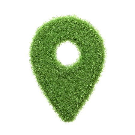Foto de Un icono de pin de mapa diseñado con textura de hierba verde aislada sobre un fondo blanco, que simboliza la navegación respetuosa con el medio ambiente y las ubicaciones verdes. Ilustración de representación 3D - Imagen libre de derechos