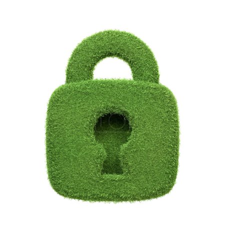 Foto de Un icono de candado hecho de hierba verde aislada sobre un fondo blanco, que simboliza el concepto de seguridad ecológica y la protección de los recursos naturales. Ilustración de representación 3D - Imagen libre de derechos