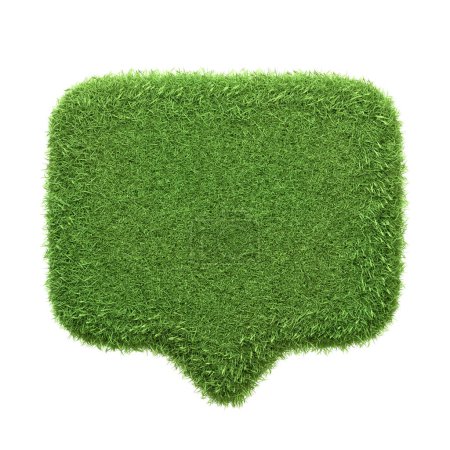 Une icône de bulle de discours faite d'herbe verte isolée sur un fond blanc, symbolisant la communication écologique et les concepts de messagerie naturelle. Illustration de rendu 3D