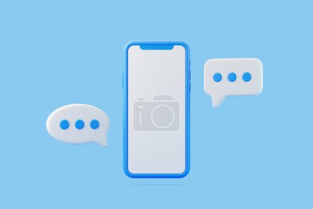Blaues Smartphone mit leerem Bildschirm, umgeben von weißen Chat-Blasen, die Online-Nachrichten und Kommunikation auf blauem Hintergrund darstellen. 3D-Darstellung