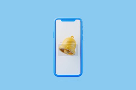 Smartphone con un icono de campana amarilla en la pantalla, concepto para notificaciones o alertas en un fondo azul. Ilustración de representación 3D
