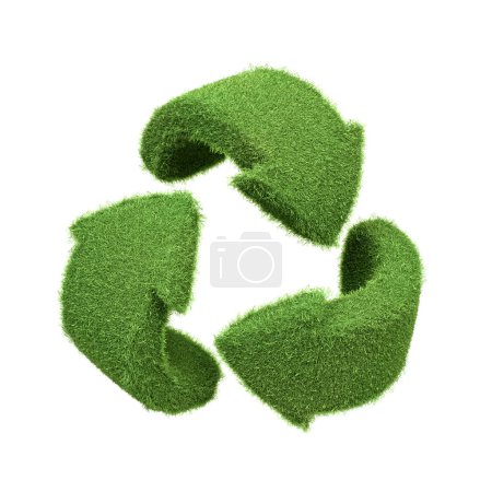 Foto de El símbolo de las flechas triangulares de reciclaje hecho de hierba verde, que promueve la sostenibilidad y la reutilización de materiales, aislado sobre un fondo blanco. Ilustración de representación 3D - Imagen libre de derechos