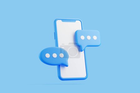 Blue smartphone with a blank screen surrounded by blue chat bubbles, representing online messaging and communication on a blue background. 3D render illustration