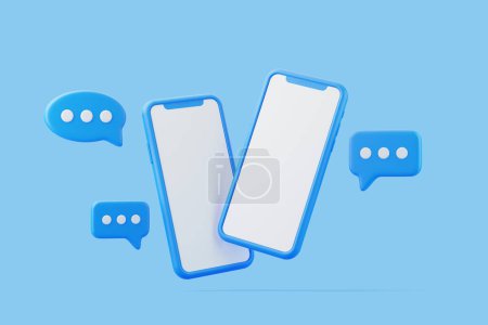Téléchargez les photos : Deux smartphones avec bulles de chat bleues sur un fond bleu clair, représentant la messagerie en ligne. Illustration de rendu 3D - en image libre de droit