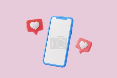 A blank-screen smartphone surrounded by red heart reaction icons against a pink background. 3D render illustration