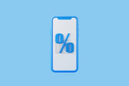 Un teléfono inteligente moderno que muestra un signo porcentual tridimensional en su pantalla, sobre un fondo azul claro. Ilustración de representación 3D