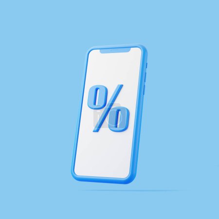 Foto de Smartphone contemporáneo con un gran símbolo de porcentaje azul en la pantalla, situado sobre un fondo azul a juego. Ilustración de representación 3D - Imagen libre de derechos