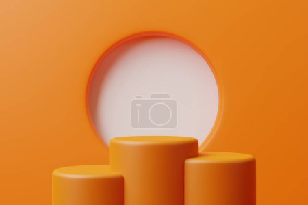 Three orange cylindrical podiums against a matching background with a circular cutout, ideal for product showcasing. 3D render illustration