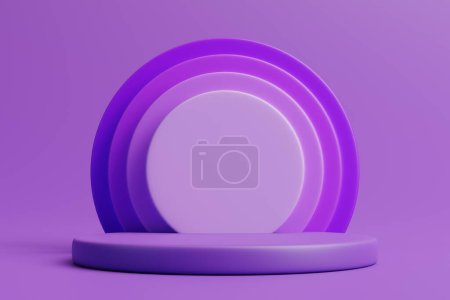 Eine Reihe von lila konzentrischen Bögen auf einem Podium, die einen modernen und minimalistischen Hintergrund für die Produktpräsentation auf Lavendelgrund schaffen. 3D-Darstellung