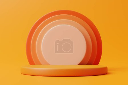 Eine Reihe abgestufter orangefarbener Bögen auf einem Podium vor orangefarbenem Hintergrund für eine eindrucksvolle, monochrome Darstellung. 3D-Darstellung