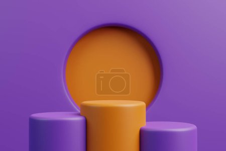 Pódiums púrpura en contraste con un fondo circular naranja, diseñado para la puesta en escena y visualización de productos modernos. Ilustración de representación 3D