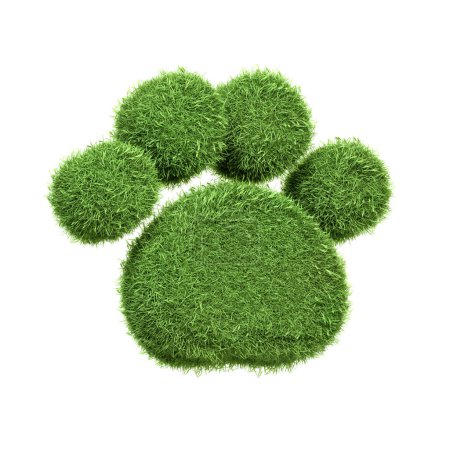 A paw print icon rendered in lush green grass isolated on a white background, symbolizing pet-friendly and environmentally conscious spaces or products. 3D render illustration