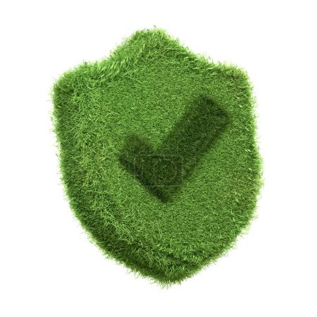 Téléchargez les photos : Une icône en forme de bouclier avec une coche, toutes deux conçues avec une texture d'herbe verte isolée sur un fond blanc, représentant la sécurité et l'approbation dans un contexte respectueux de l'environnement. Illustration de rendu 3D - en image libre de droit