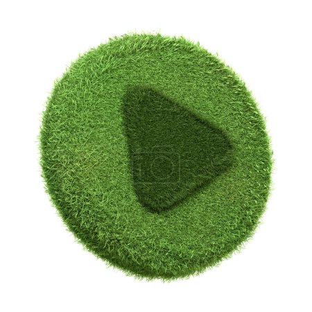 Un atractivo icono de botón de reproducción envuelto en hierba verde aislada sobre un fondo blanco, que simboliza la mezcla del entretenimiento digital con la vida eco-consciente. Ilustración de representación 3D