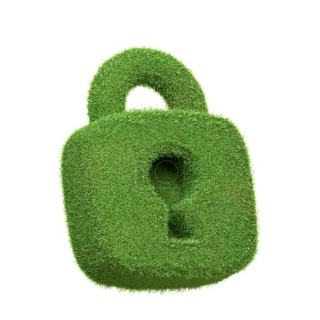 Téléchargez les photos : Icône de cadenas en herbe verte isolée sur fond blanc, symbolisant le concept de sécurité écologique et la protection des ressources naturelles. Illustration de rendu 3D - en image libre de droit