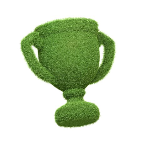 Foto de Un icono de trofeo cubierto de hierba verde exuberante aislado sobre un fondo blanco, que representa logros en sostenibilidad y excelencia ambiental. Ilustración de representación 3D - Imagen libre de derechos