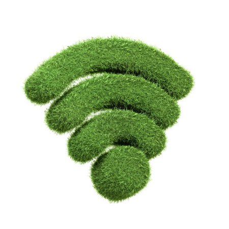Un símbolo Wi-Fi hecho de césped verde aislado sobre un fondo blanco, que representa el concepto de tecnología inalámbrica sostenible y respetuosa con el medio ambiente y la conectividad. Ilustración de representación 3D