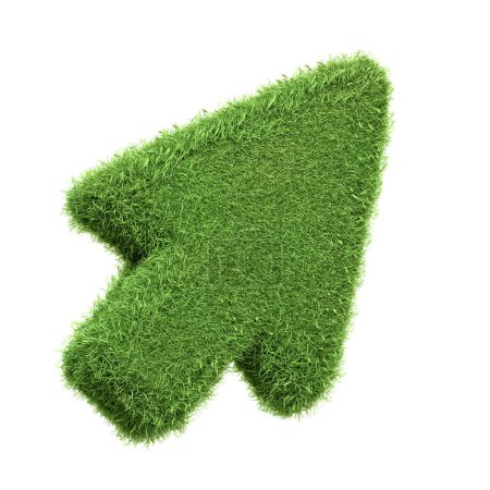 Un símbolo de cursor de flecha hecho a mano a partir de hierba verde denso aislado sobre un fondo blanco, que representa la tecnología sostenible y la dirección verde en la navegación digital. Ilustración de representación 3D