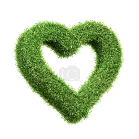 Una forma de corazón con una textura de hierba verde vibrante aislada sobre un fondo blanco, que evoca el amor por el medio ambiente y la importancia de las prácticas ecológicas. Ilustración de representación 3D