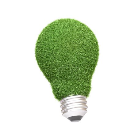 Eine mit grünem Gras bedeckte Glühbirne, isoliert auf weißem Hintergrund, symbolisiert innovative grüne Energielösungen und nachhaltige Umweltideen. 3D-Darstellung