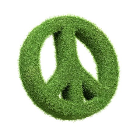 Téléchargez les photos : Symbole emblématique de la paix fabriqué à partir d'herbe verte luxuriante isolée sur un fond blanc, représentant la fusion de l'activisme environnemental et du message universel de paix. Illustration de rendu 3D - en image libre de droit