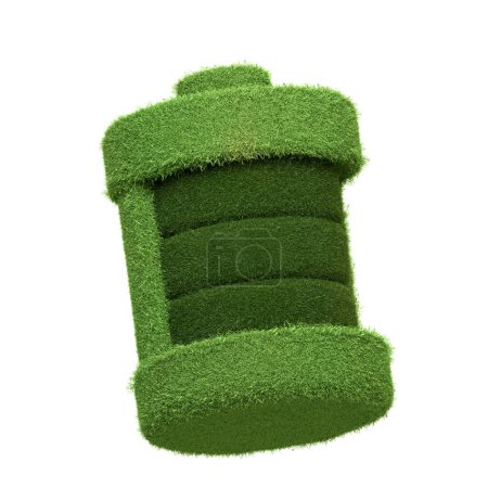 Ein Akku-Symbol bedeckt von saftig grünem Gras isoliert auf weißem Hintergrund, das erneuerbare Energien und nachhaltige Energielösungen repräsentiert. 3D-Darstellung
