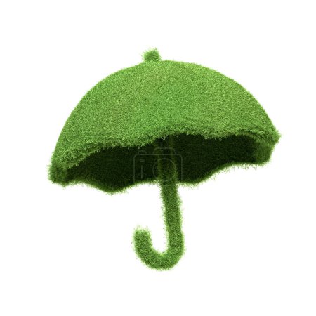 An umbrella crafted from green grass, evoking protection and environmental care concepts, isolated on a white background. 3D render illustration