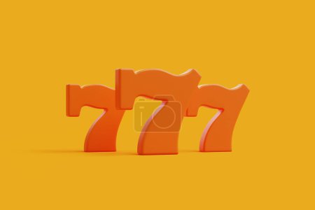 El número siete de la suerte aparece tres veces en un tono naranja vibrante, un símbolo de premio mayor común en los juegos de tragamonedas. Ilustración de representación 3D