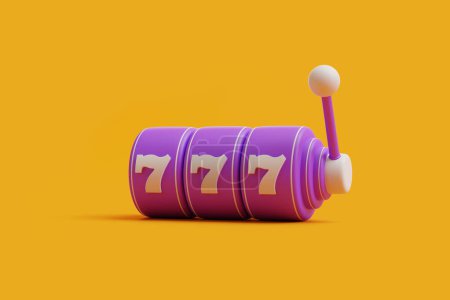 A vibrant purple slot machine displays a winning triple seven combination against a lively yellow background. 3D render illustration