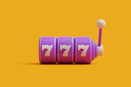 Sorprendente máquina tragaperras púrpura mostrando la suerte triple siete sobre un fondo naranja vivo, simbolizando la emoción y la buena suerte. Ilustración de representación 3D