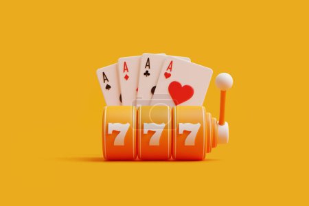 A vibrant orange slot machine displaying the jackpot number 777 with a winning hand of aces in the background. 3D render illustration