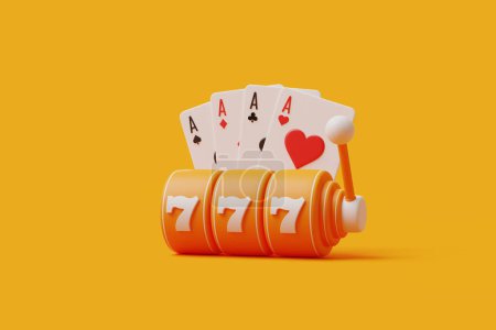 An orange slot machine with 777 jackpot and aces fanned out behind it on a vivid yellow backdrop. 3D render illustration