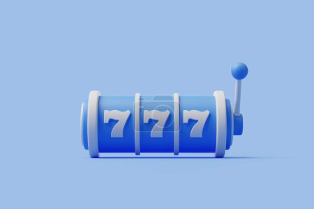 Lebendiger blauer Spielautomat mit der glücklichen Dreifach-Sieben auf einem passenden blauen Hintergrund, der Spannung und Zufall hervorruft. 3D-Darstellung